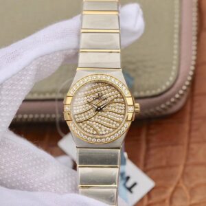 Omega Constellation Ladies 27MM TW Factory Yellow Gold Textured Diamond Dial
