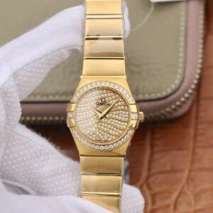 Omega Constellation Ladies 27MM TW Factory 18K Yellow Gold Textured Diamond Dial
